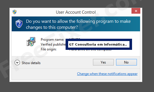 Screenshot where GT Consultoria em Informática Ltda appears as the verified publisher in the UAC dialog